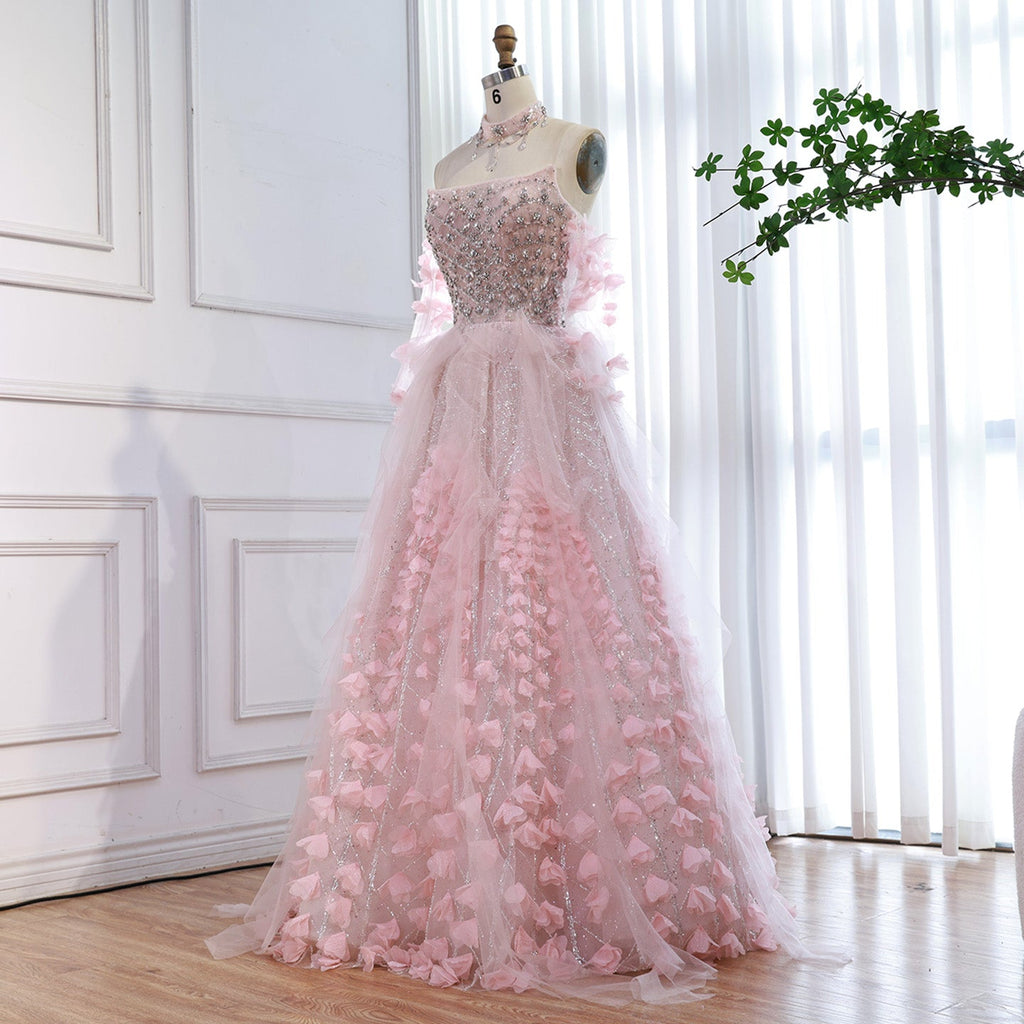 Luxury Pink Crystal Beaded 3D Floral Ball Gown Evening Dress CLA73579