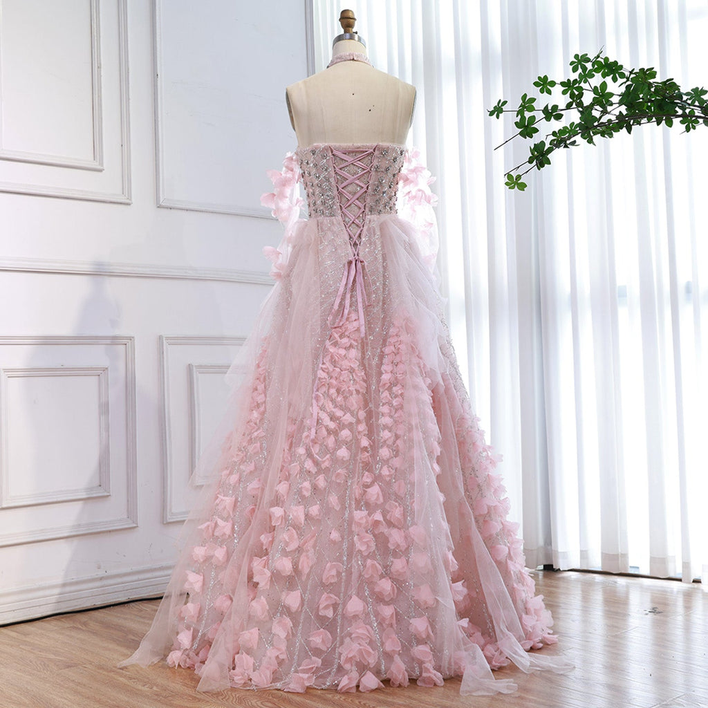 Luxury Pink Crystal Beaded 3D Floral Ball Gown Evening Dress CLA73579
