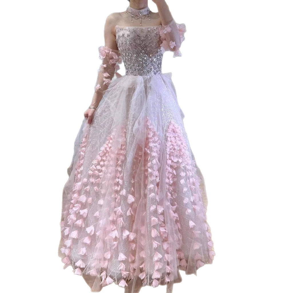 Luxury Pink Crystal Beaded 3D Floral Ball Gown Evening Dress CLA73579