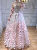 Luxury Pink Crystal Beaded 3D Floral Ball Gown Evening Dress CLA73579