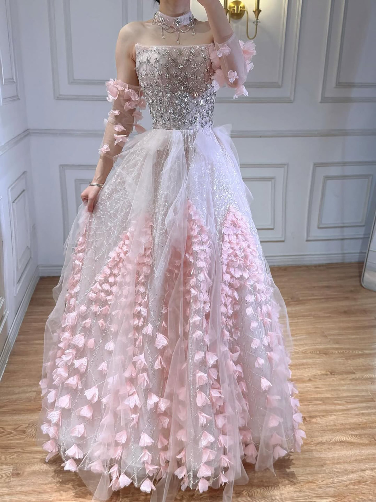 Luxury Pink Crystal Beaded 3D Floral Ball Gown Evening Dress CLA73579
