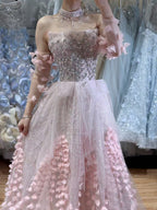 Luxury Pink Crystal Beaded 3D Floral Ball Gown Evening Dress CLA73579