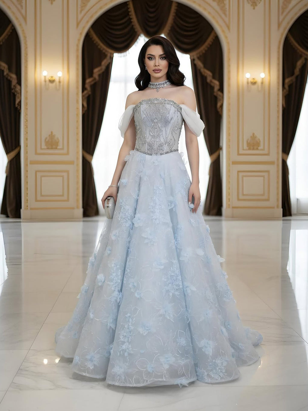 Luxury Blue Beaded 3D Floral Off Shoulder A Line Evening Dress CLA73580