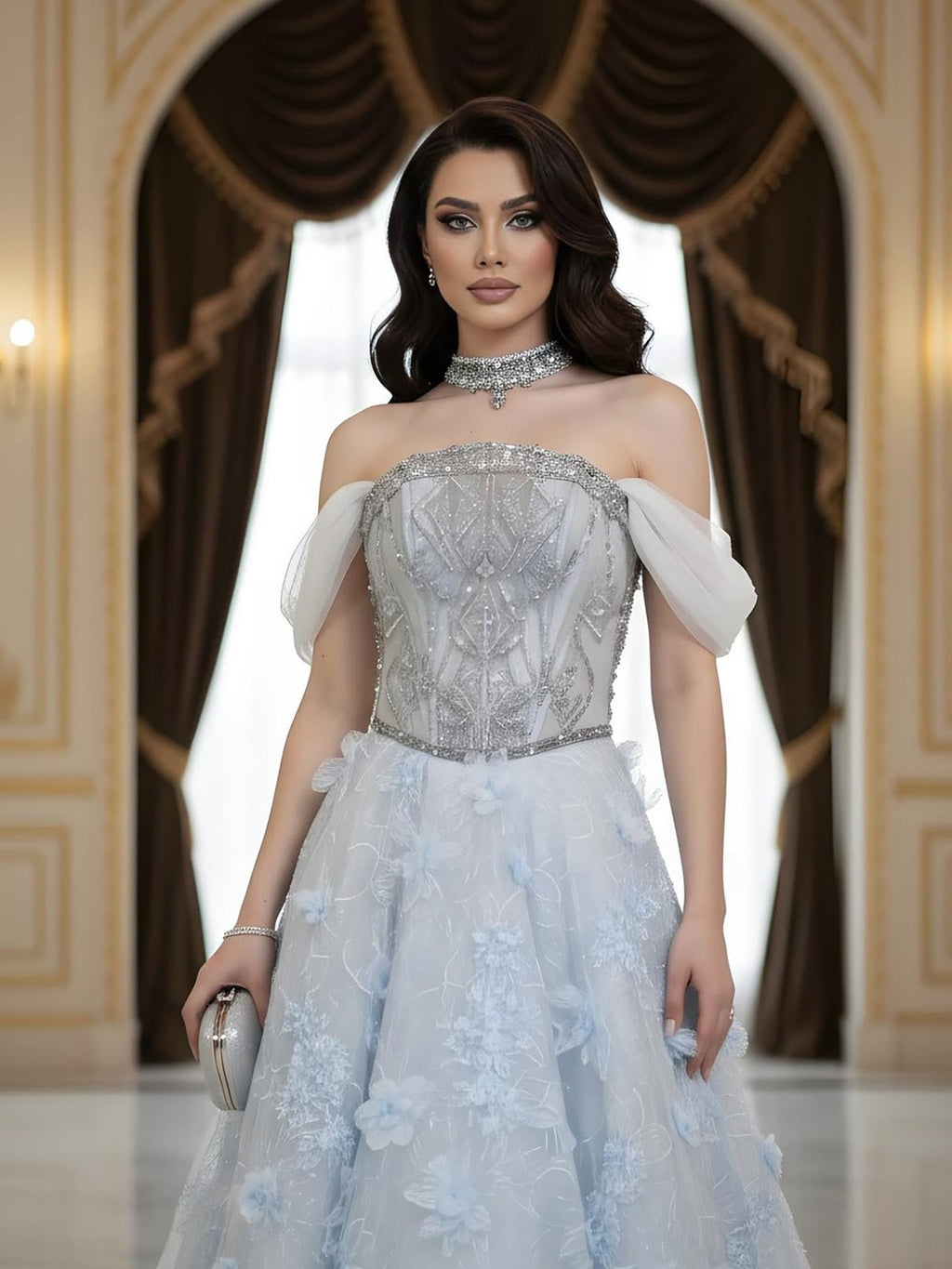 Luxury Blue Beaded 3D Floral Off Shoulder A Line Evening Dress CLA73580