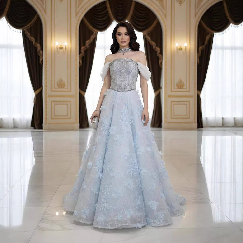 Luxury Blue Beaded 3D Floral Off Shoulder A Line Evening Dress CLA73580