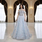 Luxury Blue Beaded 3D Floral Off Shoulder A Line Evening Dress CLA73580