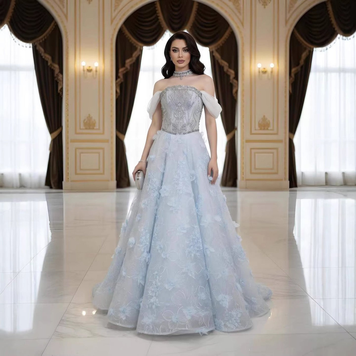 Luxury Blue Beaded 3D Floral Off Shoulder A Line Evening Dress CLA73580
