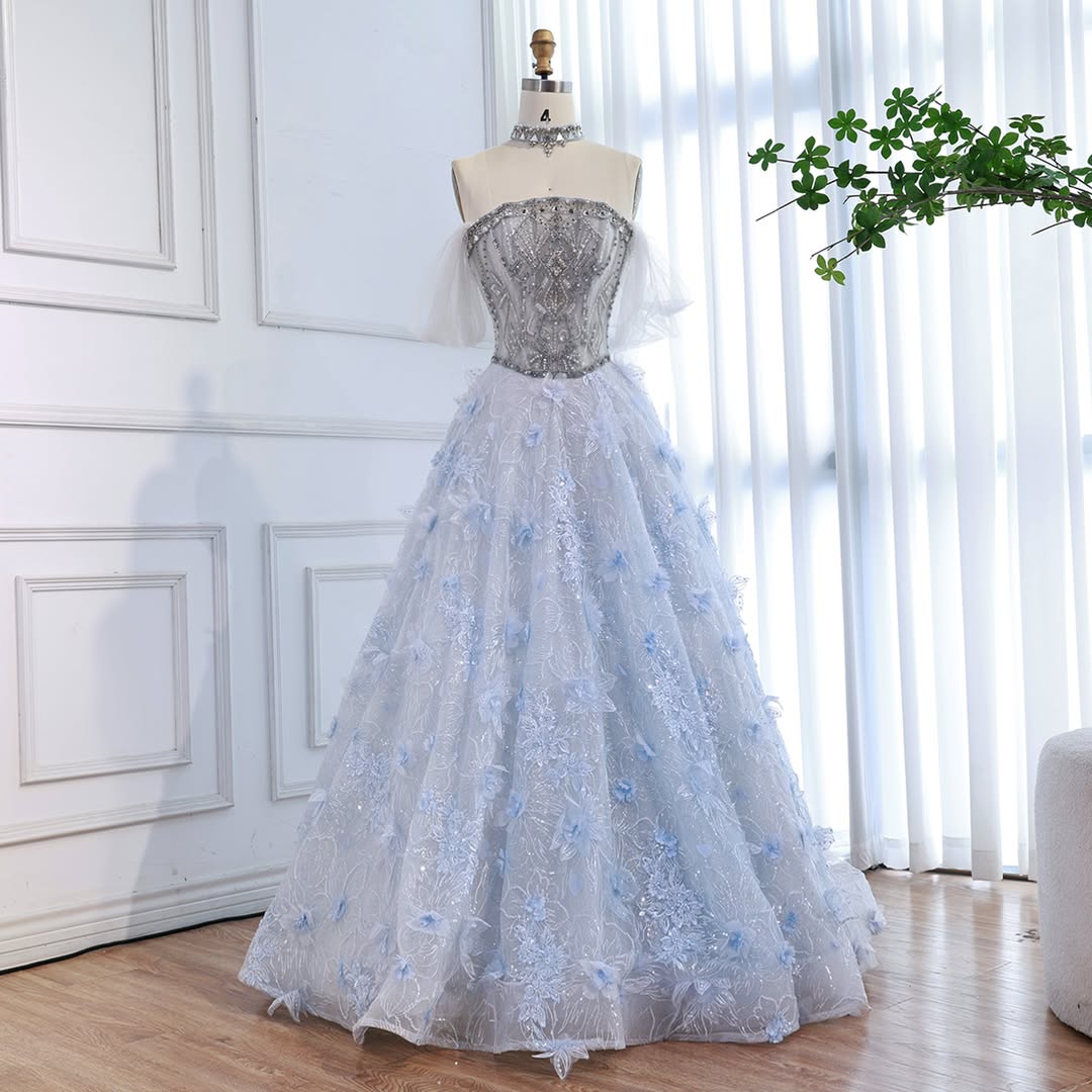 Luxury Blue Beaded 3D Floral Off Shoulder A Line Evening Dress CLA73580