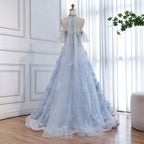 Luxury Blue Beaded 3D Floral Off Shoulder A Line Evening Dress CLA73580