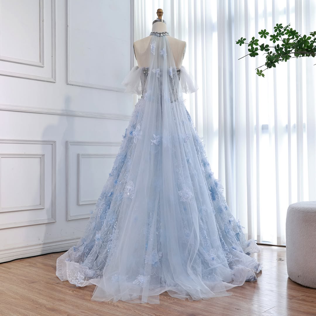 Luxury Blue Beaded 3D Floral Off Shoulder A Line Evening Dress CLA73580