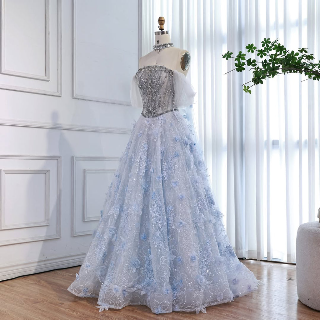 Luxury Blue Beaded 3D Floral Off Shoulder A Line Evening Dress CLA73580