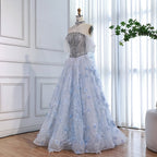 Luxury Blue Beaded 3D Floral Off Shoulder A Line Evening Dress CLA73580