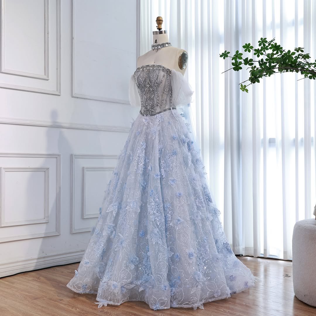 Luxury Blue Beaded 3D Floral Off Shoulder A Line Evening Dress CLA73580