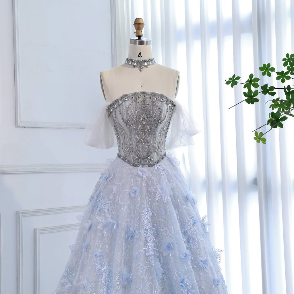 Luxury Blue Beaded 3D Floral Off Shoulder A Line Evening Dress CLA73580