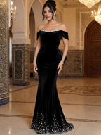 Luxury BCLAck Off Shoulder Mermaid Evening Dress with Bow CLA73581