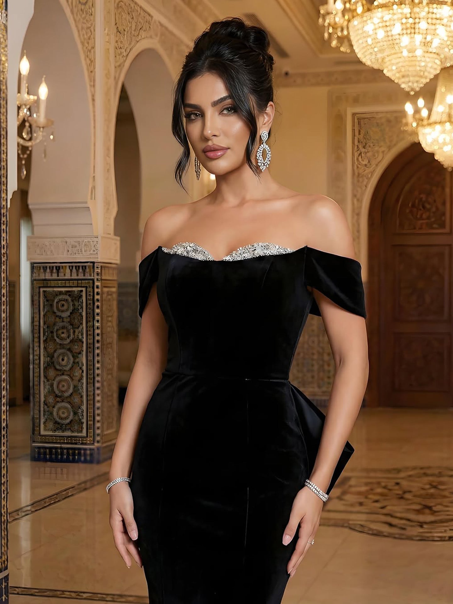 Luxury BCLAck Off Shoulder Mermaid Evening Dress with Bow CLA73581