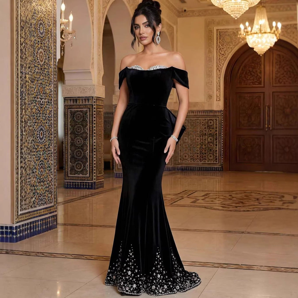 Luxury BCLAck Off Shoulder Mermaid Evening Dress with Bow CLA73581