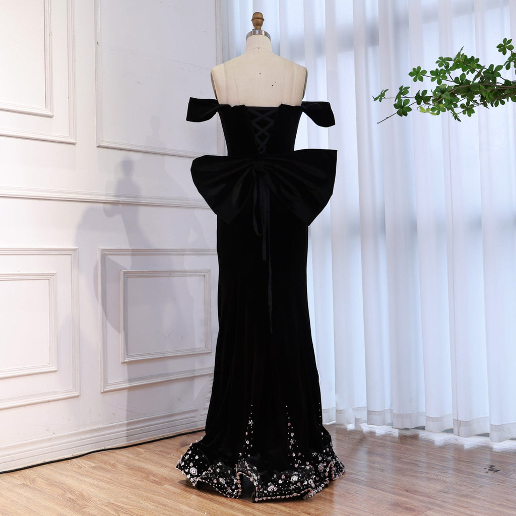 Luxury BCLAck Off Shoulder Mermaid Evening Dress with Bow CLA73581