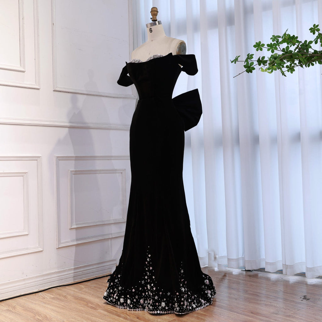 Luxury BCLAck Off Shoulder Mermaid Evening Dress with Bow CLA73581