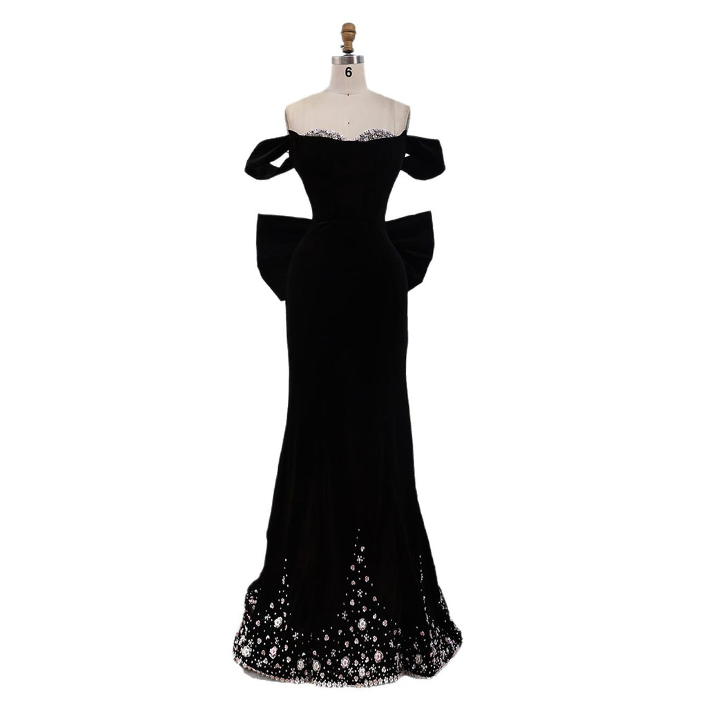 Luxury BCLAck Off Shoulder Mermaid Evening Dress with Bow CLA73581