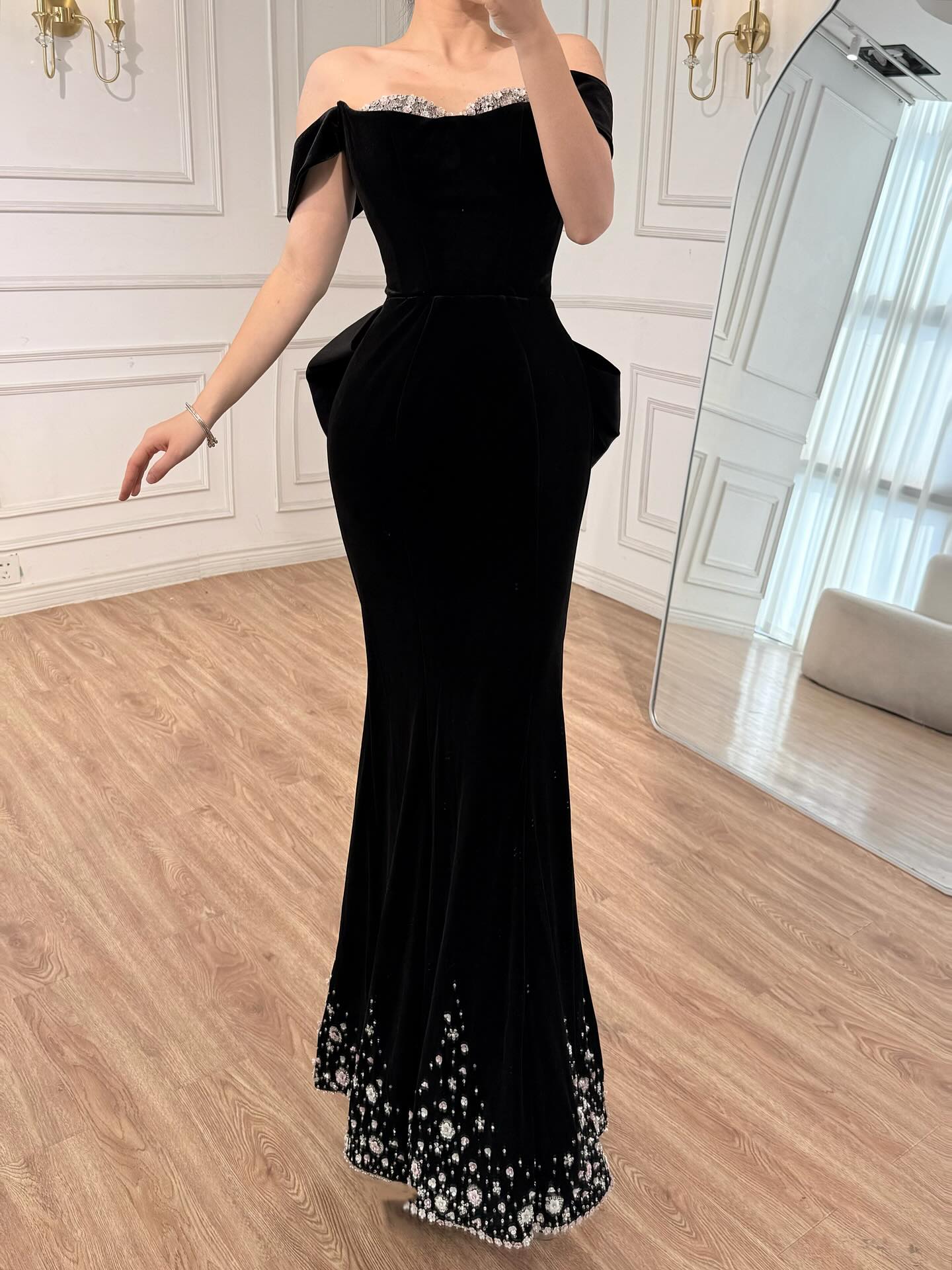 Luxury BCLAck Off Shoulder Mermaid Evening Dress with Bow CLA73581