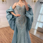 Luxury Blue Beaded Mermaid Evening Dress With Cape LA73582