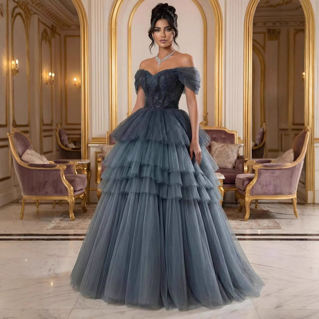 Luxury Blue Beaded Off Shoulder A Line Tiered Tulle Evening Dress CLA73583