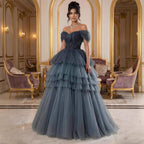 Luxury Blue Beaded Off Shoulder A Line Tiered Tulle Evening Dress CLA73583