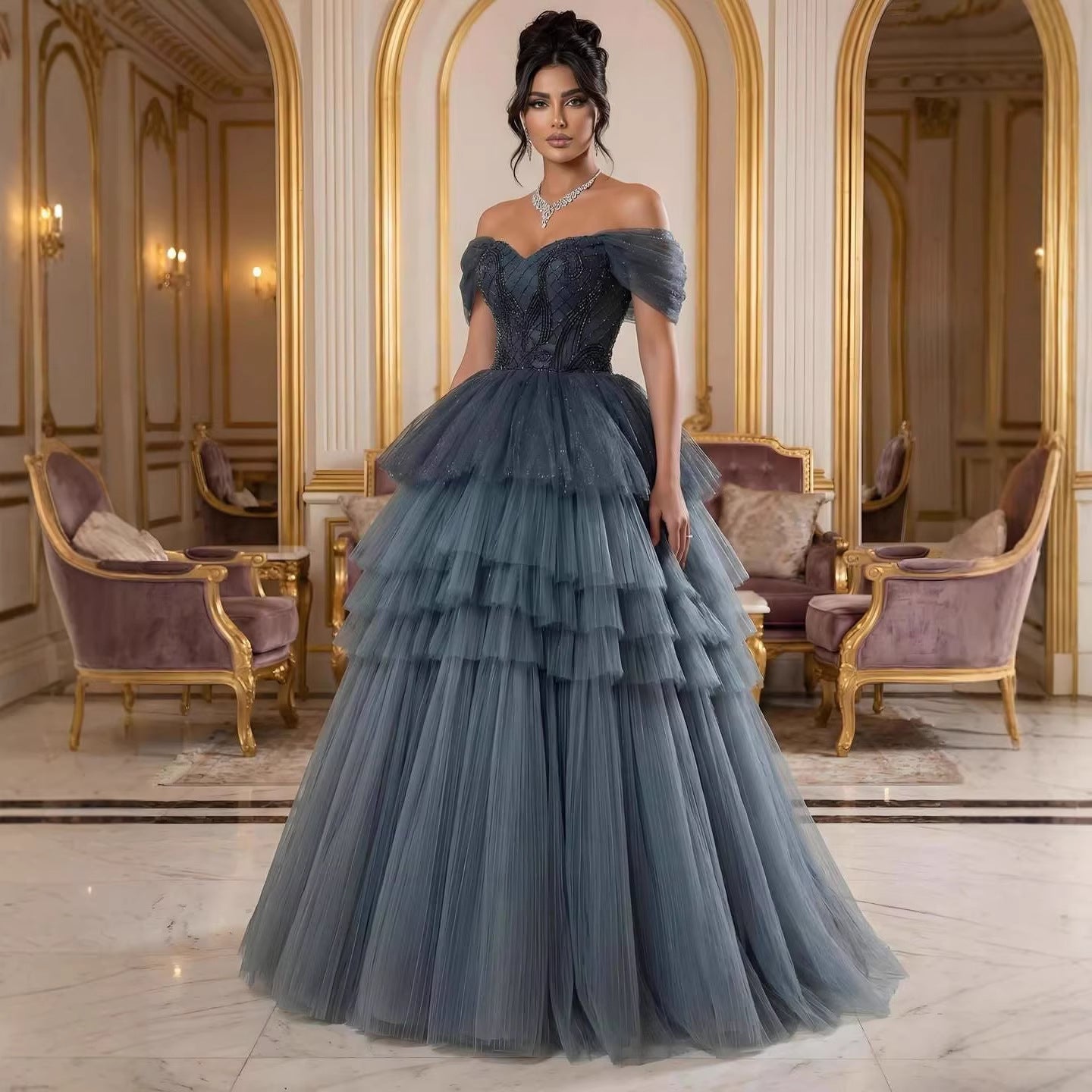 Luxury Blue Beaded Off Shoulder A Line Tiered Tulle Evening Dress CLA73583
