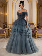 Luxury Blue Beaded Off Shoulder A Line Tiered Tulle Evening Dress CLA73583