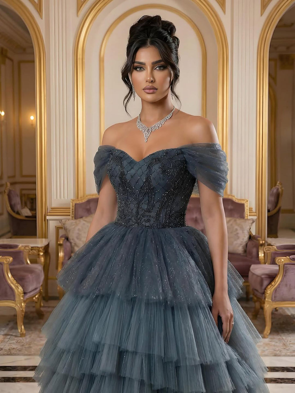 Luxury Blue Beaded Off Shoulder A Line Tiered Tulle Evening Dress CLA73583