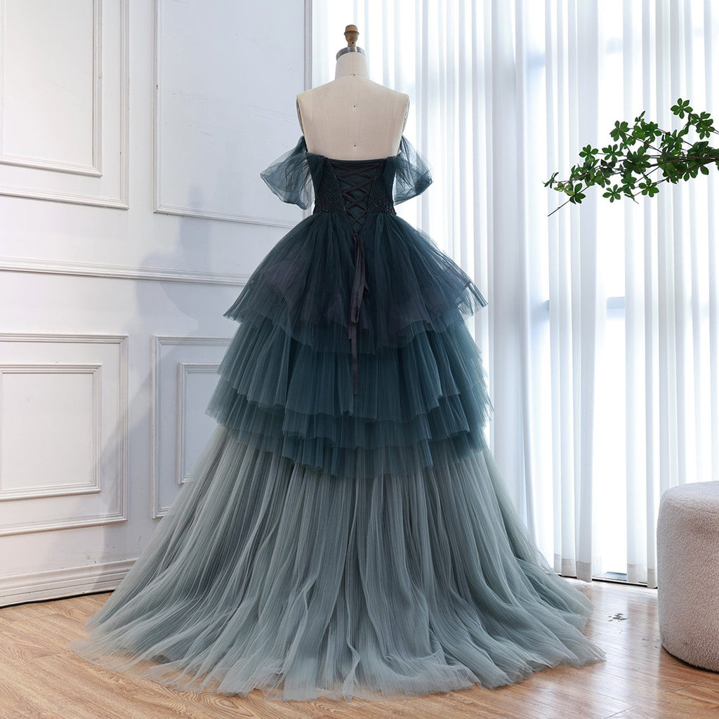 Luxury Blue Beaded Off Shoulder A Line Tiered Tulle Evening Dress CLA73583