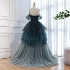 Luxury Blue Beaded Off Shoulder A Line Tiered Tulle Evening Dress CLA73583