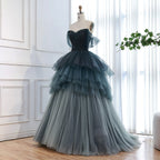 Luxury Blue Beaded Off Shoulder A Line Tiered Tulle Evening Dress CLA73583