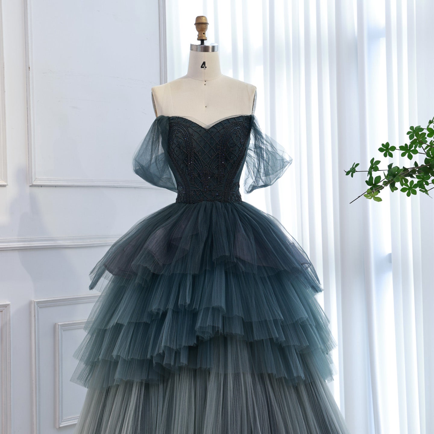 Luxury Blue Beaded Off Shoulder A Line Tiered Tulle Evening Dress CLA73583