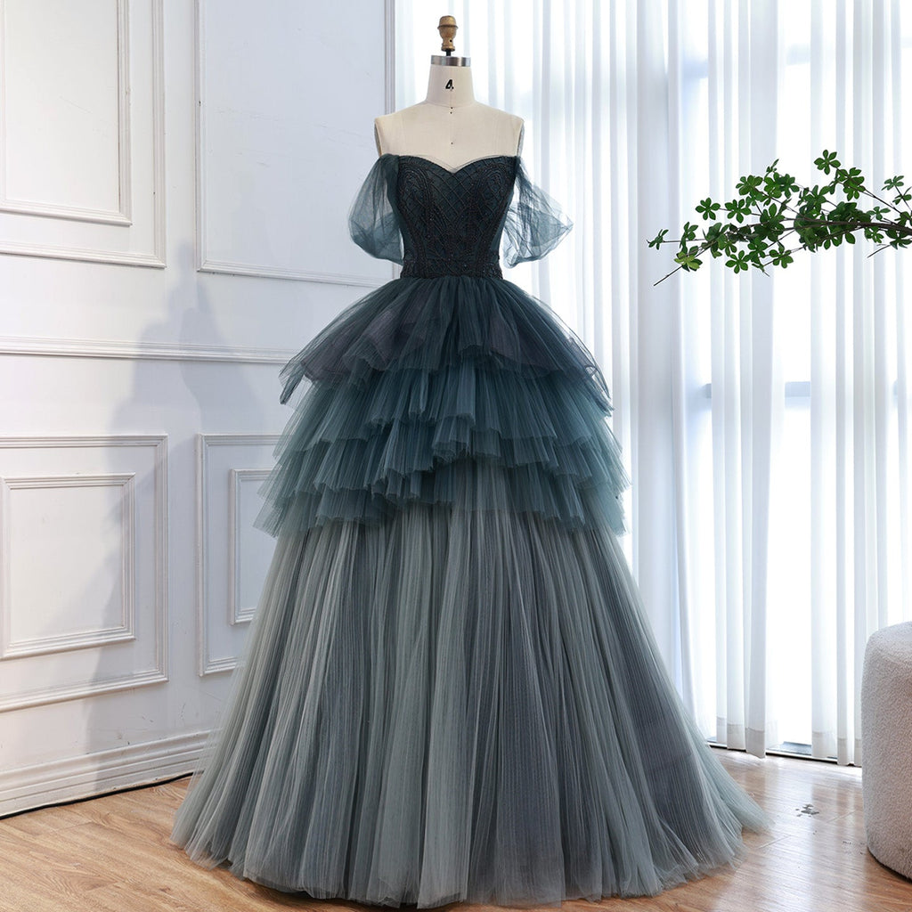 Luxury Blue Beaded Off Shoulder A Line Tiered Tulle Evening Dress CLA73583