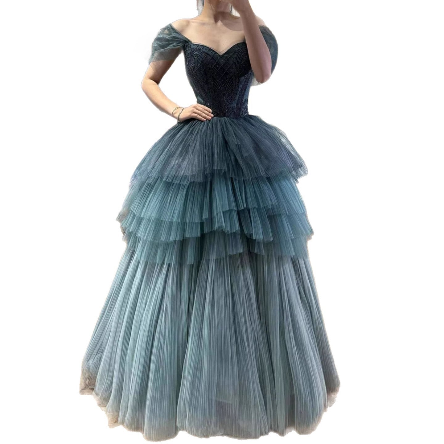 Luxury Blue Beaded Off Shoulder A Line Tiered Tulle Evening Dress CLA73583