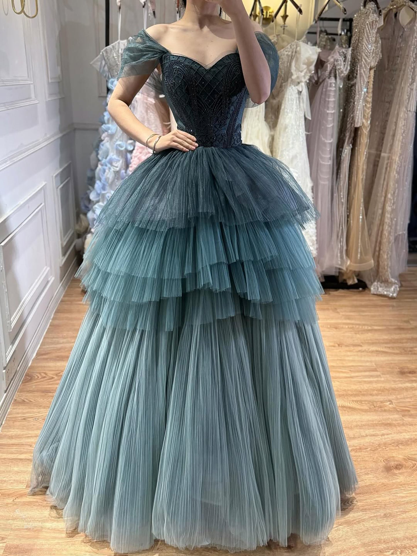 Luxury Blue Beaded Off Shoulder A Line Tiered Tulle Evening Dress CLA73583