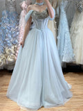 Gray Blue Luxury Beaded Ball Gown Evening Dress Off Shoulder Wedding Occasion Women Party Gown CLA73584