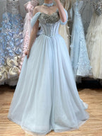 Gray Blue Luxury Beaded Ball Gown Evening Dress Off Shoulder Wedding Occasion Women Party Gown CLA73584