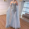 Luxury Blue Shoulder Long Sheer Sleeves Beaded Mermaid Evening Dress LA73509