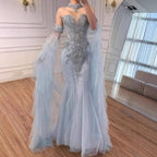 Luxury Blue Shoulder Long Sheer Sleeves Beaded Mermaid Evening Dress LA73509