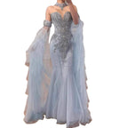 Luxury Blue Shoulder Long Sheer Sleeves Beaded Mermaid Evening Dress LA73509