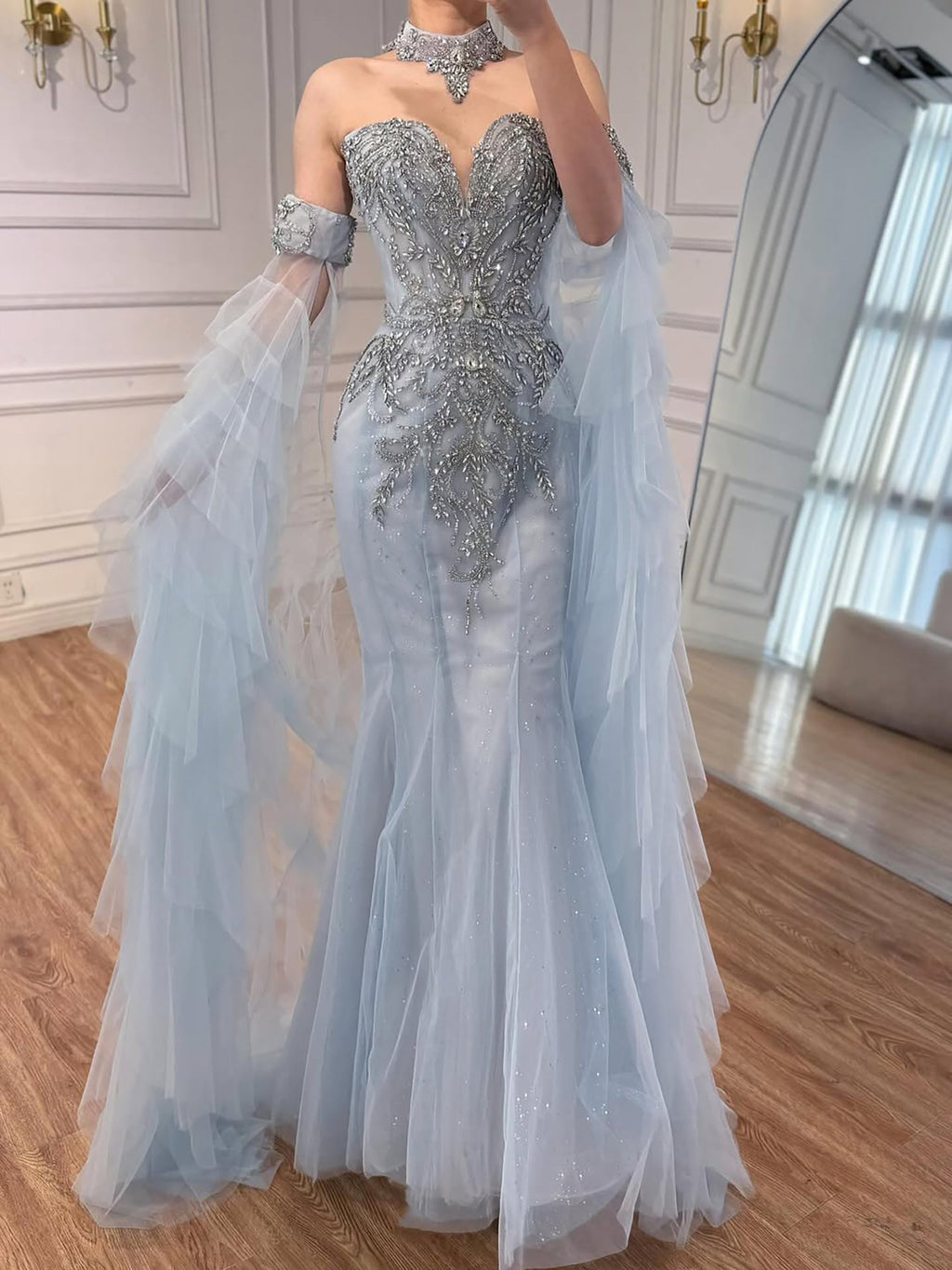 Luxury Blue Shoulder Long Sheer Sleeves Beaded Mermaid Evening Dress LA73509