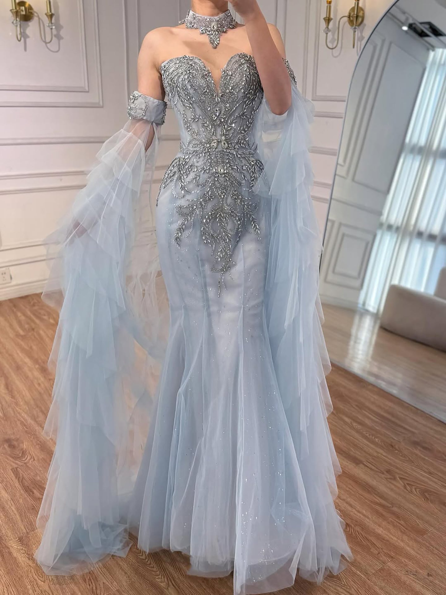 Luxury Blue Shoulder Long Sheer Sleeves Beaded Mermaid Evening Dress LA73509
