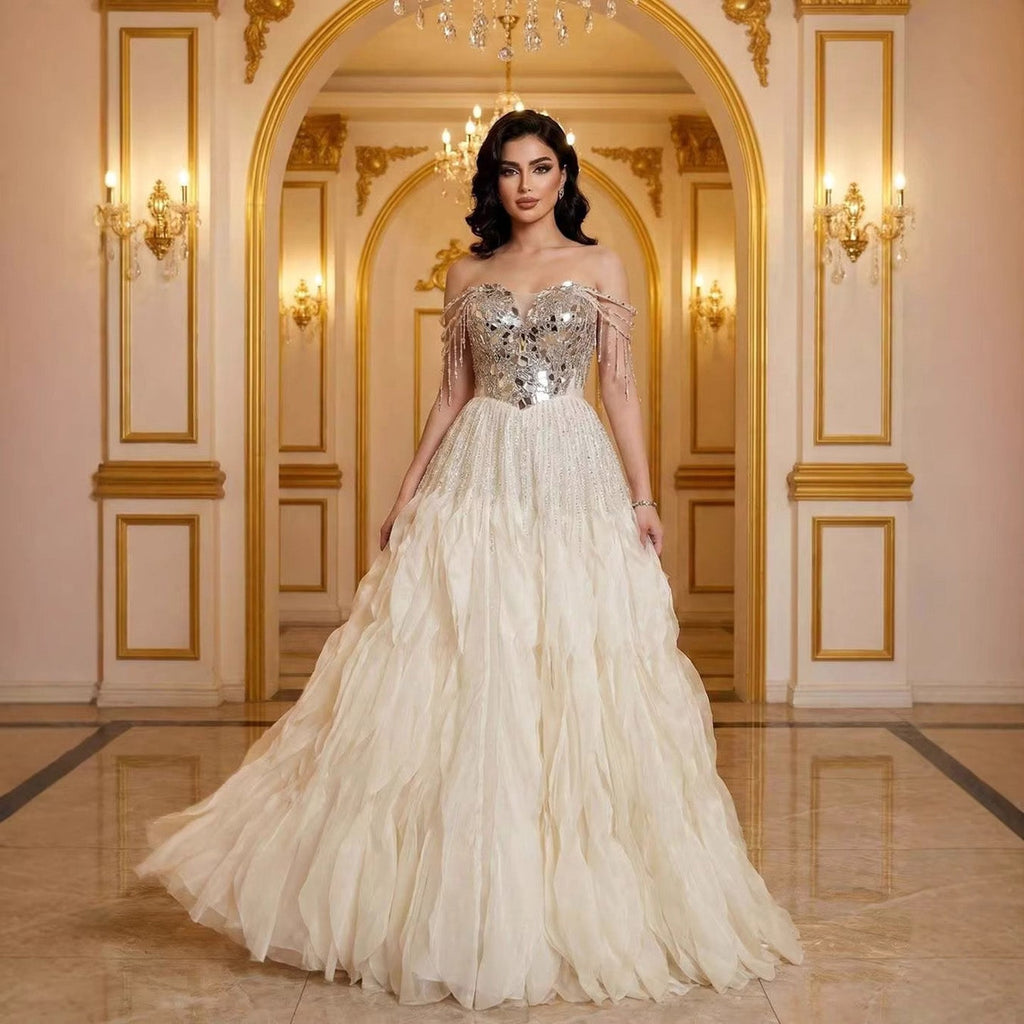 Luxury Beige Beaded Off Shoulder Ball Gown Evening Dress CLA73587