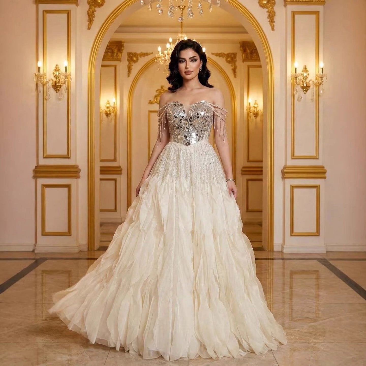 Luxury Beige Beaded Off Shoulder Ball Gown Evening Dress CLA73587