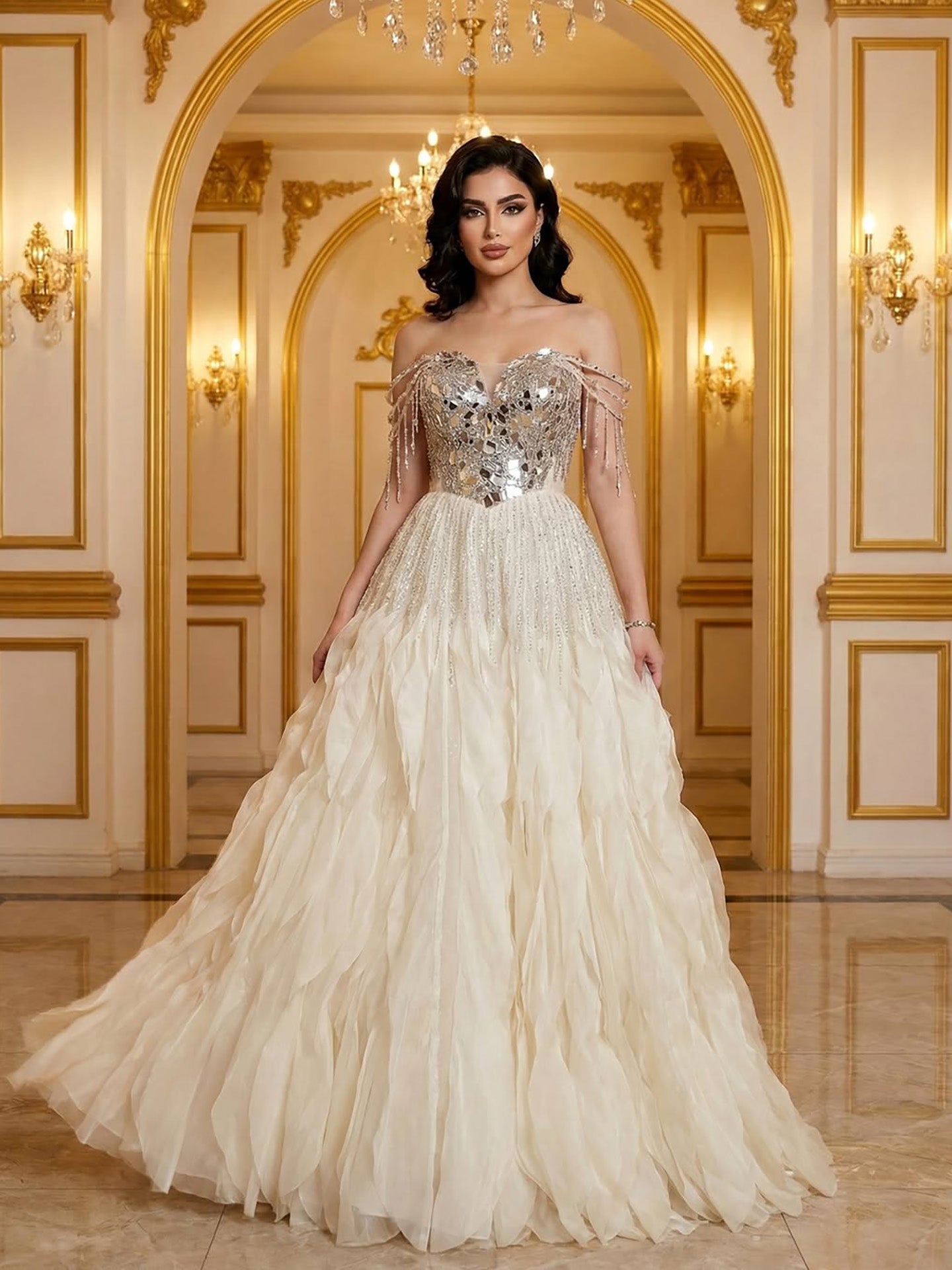 Luxury Beige Beaded Off Shoulder Ball Gown Evening Dress CLA73587