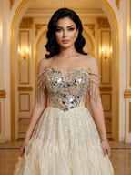 Luxury Beige Beaded Off Shoulder Ball Gown Evening Dress CLA73587
