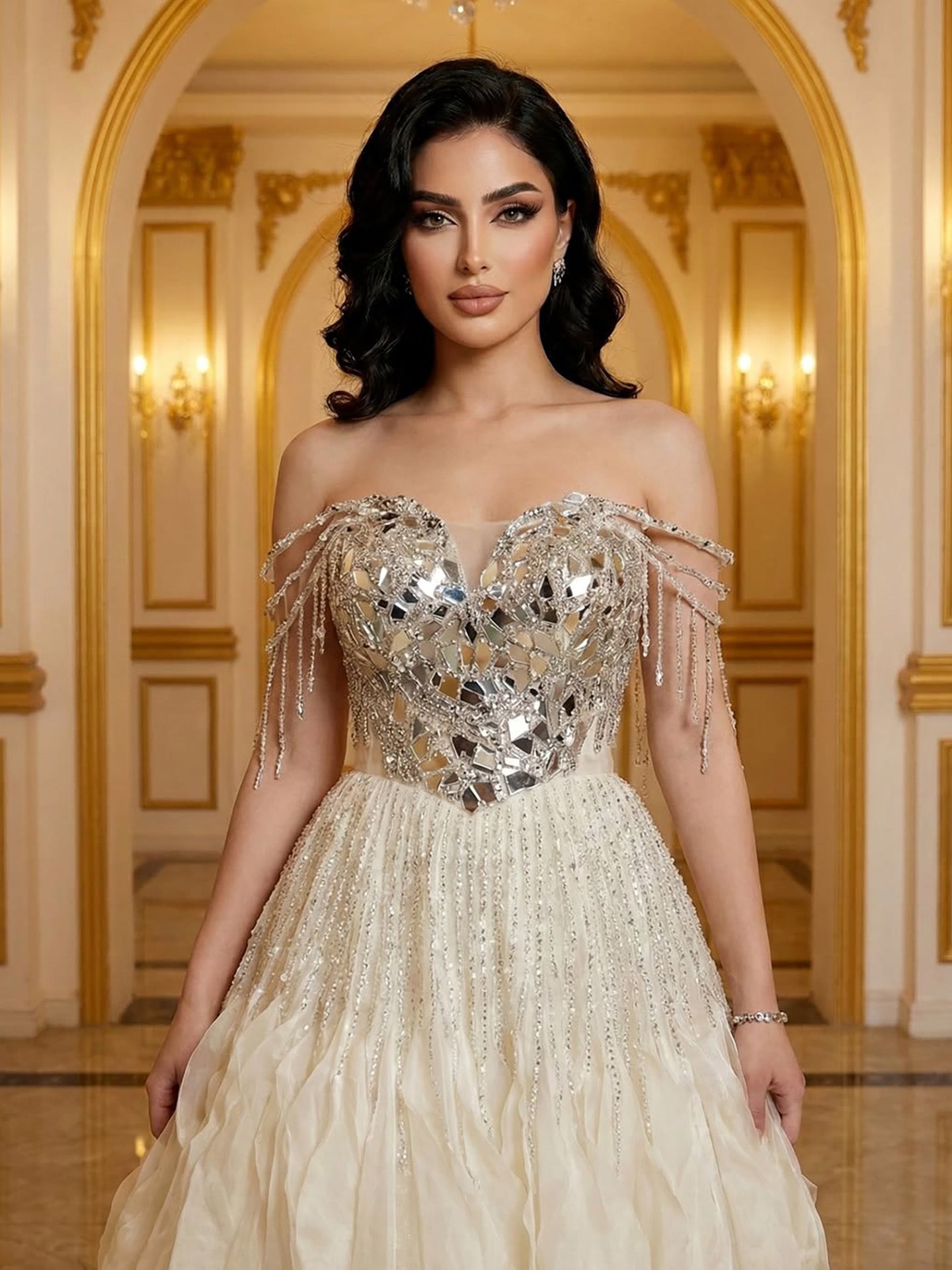 Luxury Beige Beaded Off Shoulder Ball Gown Evening Dress CLA73587